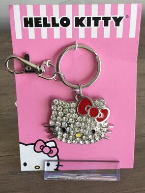 Sanrio Hello Kitty Face Pave 3D Bling Keychain Silver Tone Metal Bag Charm NWT